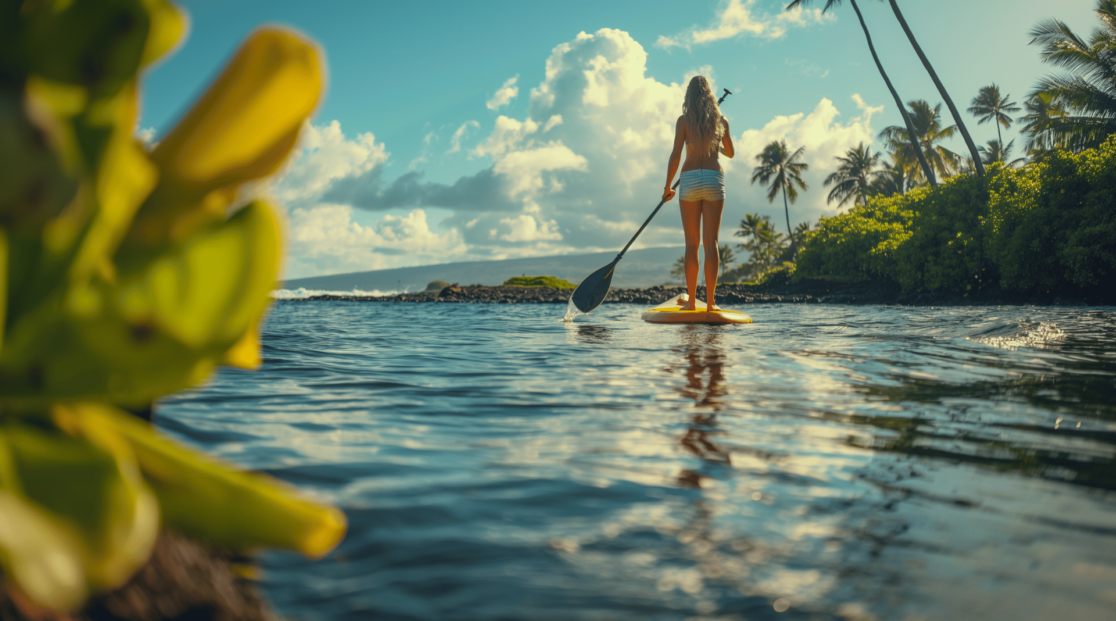 A woman paddleboarding in serene waters.