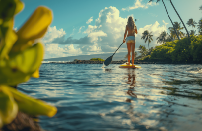 A woman paddleboarding in serene waters.