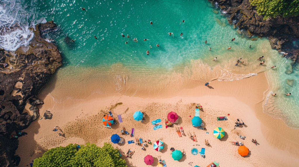 An aerial view of Honomu Beach Park with people sunbathing, kids building sandcastles, and vibrant umbrellas dotting the sandy shore.