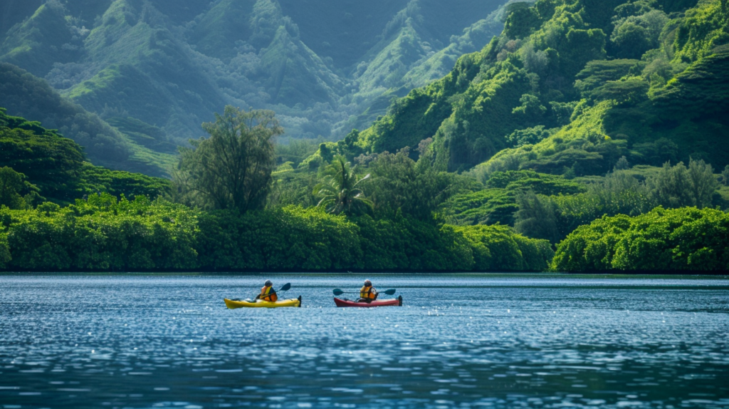 Kayakers paddling in the calm blue waters of Honomu Bay, with lush green hills in the background.