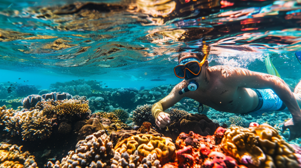 A close-up of a snorkeler exploring the colorful coral reefs in Honomu, vibrant marine life visible.