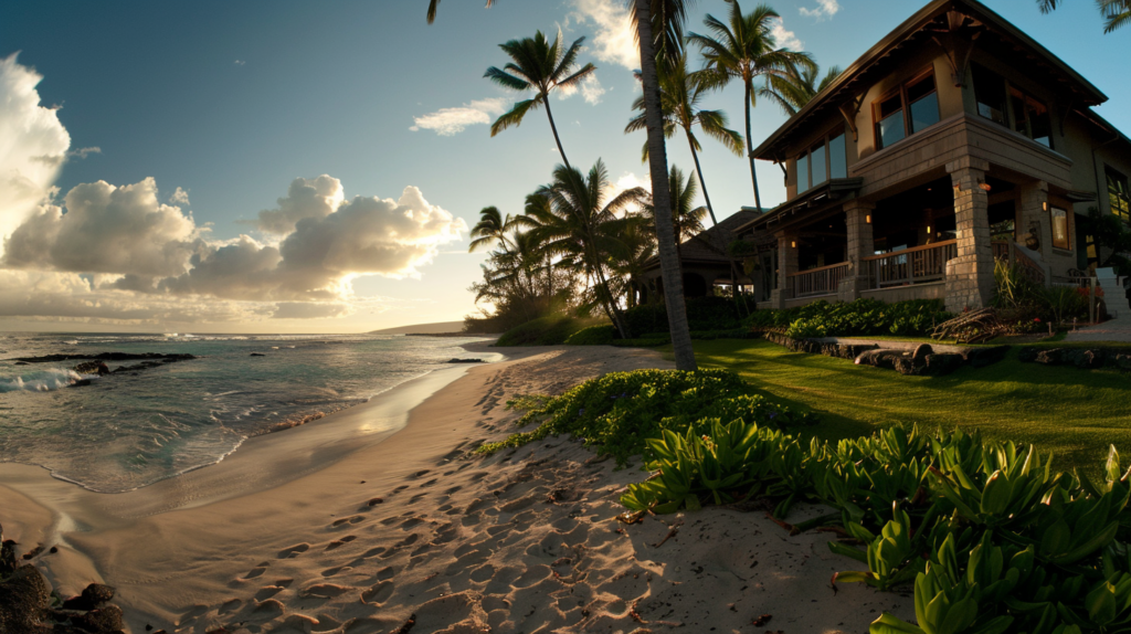 A luxurious beachfront villa in Kailua, with a panoramic view of the ocean and palm trees.