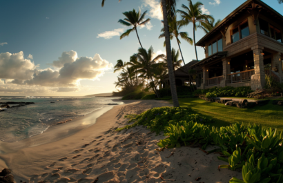 A luxurious beachfront villa in Kailua, with a panoramic view of the ocean and palm trees.