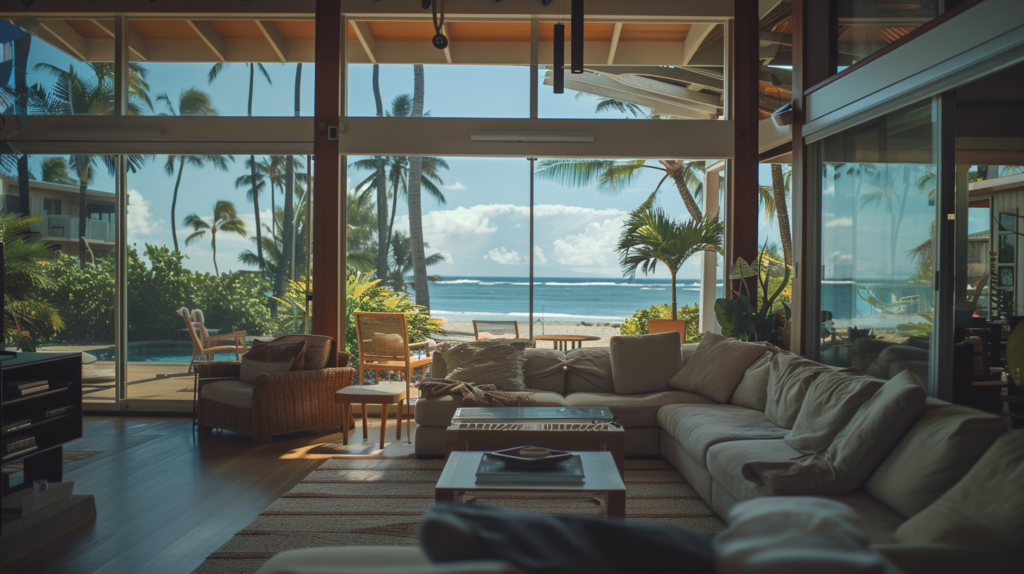 The cozy interior of a Kailua beachfront rental, featuring modern dรฉcor and large windows overlooking the beach.