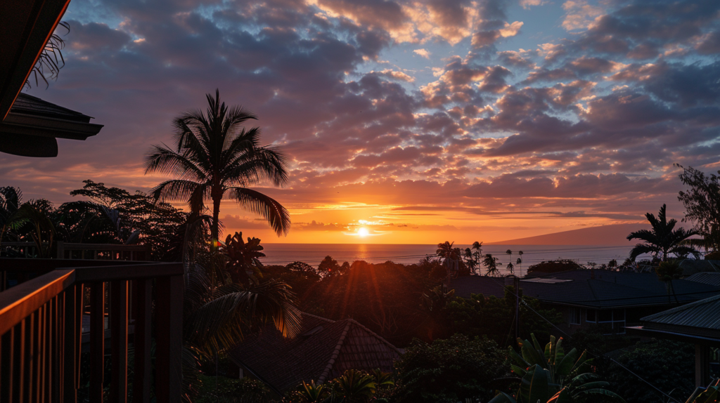 The sunset view from a Kailua vacation rental balcony, with the sun dipping below the horizon and the sky ablaze with colors.