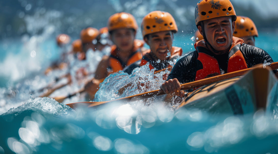 A team of paddlers racing vigorously in a river event near Honokaa ideal for those exploring places to go swimming.
