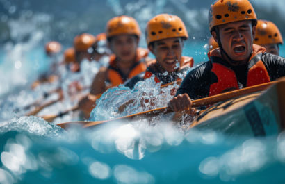 A team of paddlers racing vigorously in a river event near Honokaa ideal for those exploring places to go swimming.