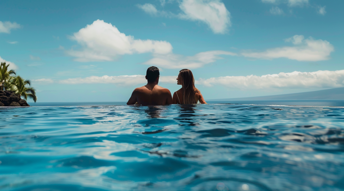 A couple in an infinity pool of a villa rental in Big Island, Hawaii.