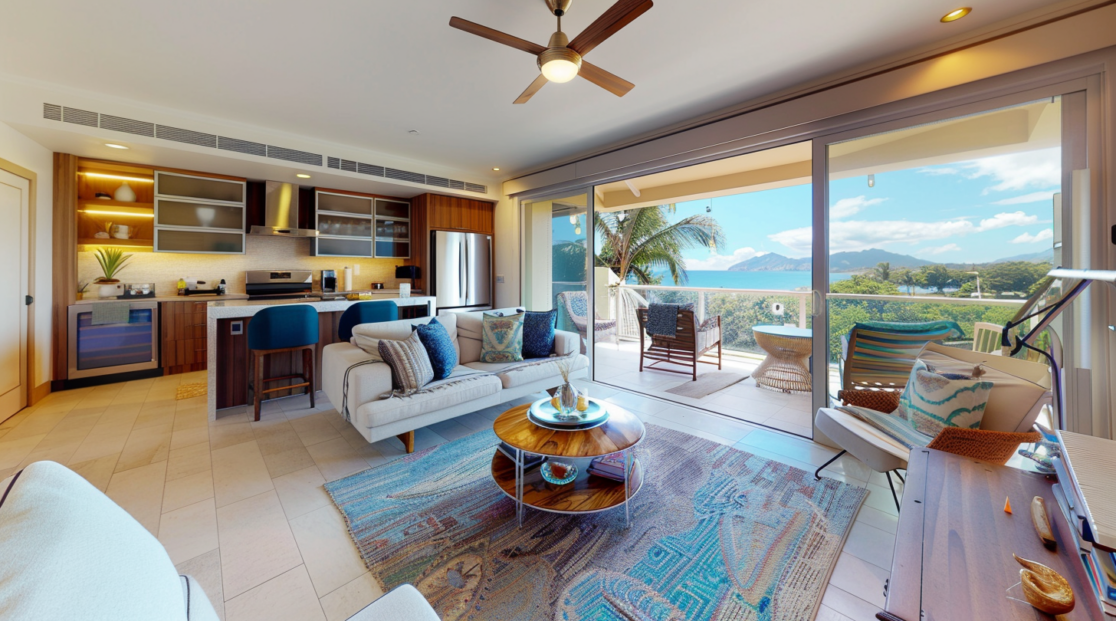 The living room of an oceanfront penthouse in Captain Cook, Hawaii