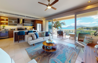 The living room of an oceanfront penthouse in Captain Cook, Hawaii