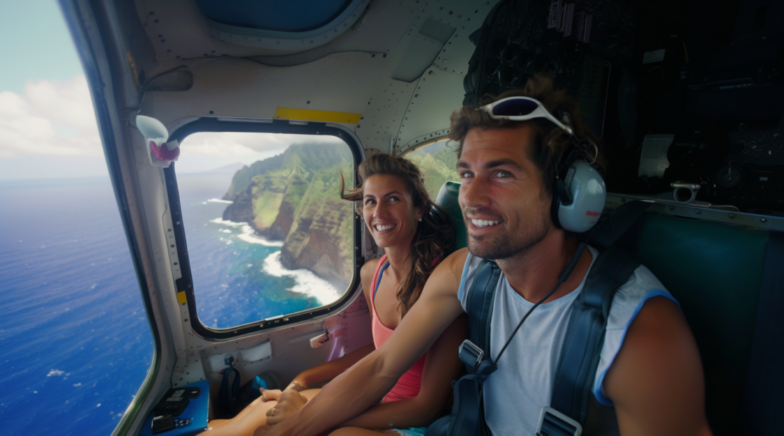 A couple enjoying a scenic flight tour over Kalaupapa, Molokai.