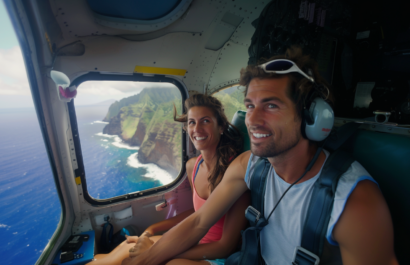 A couple enjoying a scenic flight tour over Kalaupapa, Molokai.
