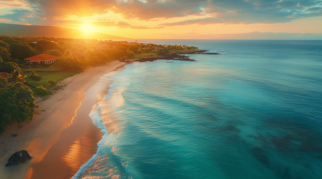 Beachfront vacation rentals in Lanai City at sunrise, showcasing pristine beaches and luxury accommodations.