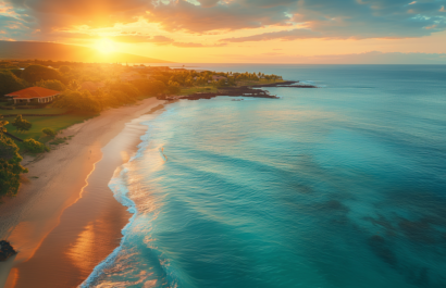 Beachfront vacation rentals in Lanai City at sunrise, showcasing pristine beaches and luxury accommodations.